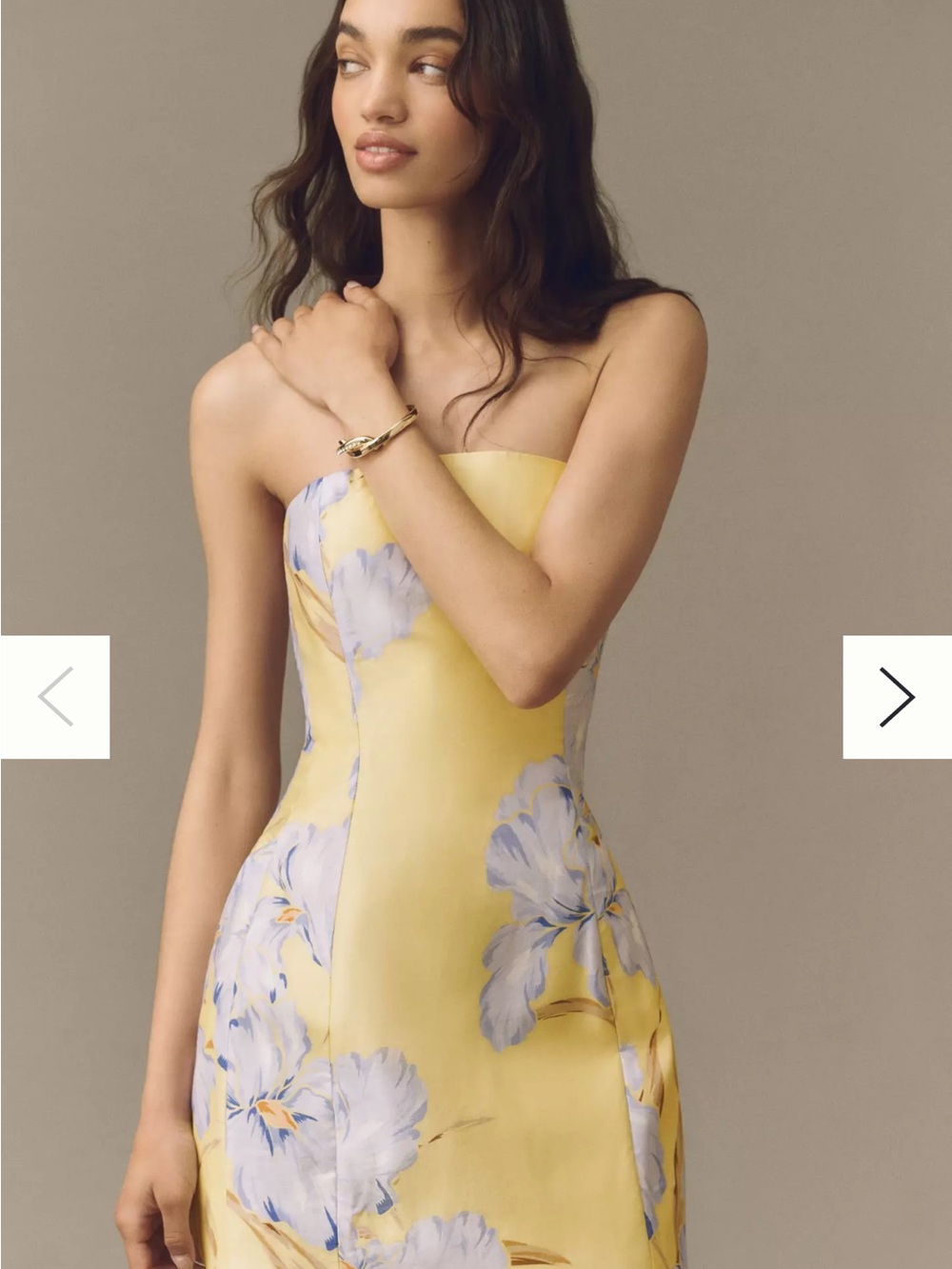 Bardot Strapless Yellow Dress with Lavender Floral Print